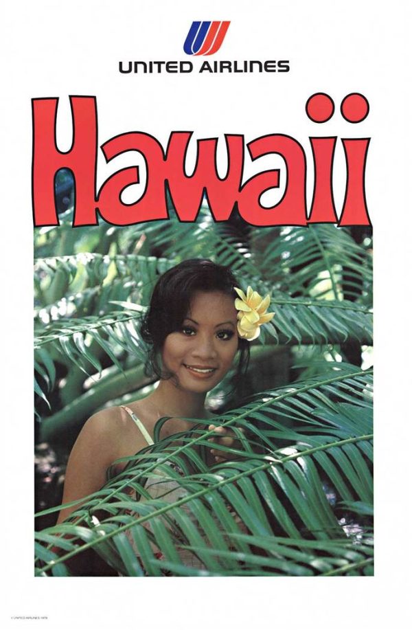Original 1978 United Airlines Hawaii travel poster featuring a smiling woman framed by tropical palm fronds with bright red 'HAWAII' lettering, offset-lithograph, linen-backed."