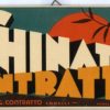 Original 1935 Art Deco Italian advertising poster for Chinato Contratto featuring bold cream and burnt orange typography against teal-green background with silhouetted trees and golden sunset composition, compact horizontal cartone format.