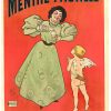 Original Misti Liqueur Menthe Pastille poster from 1905 featuring art nouveau design with woman in green dress and cherub angel figure, red background, stone lithograph