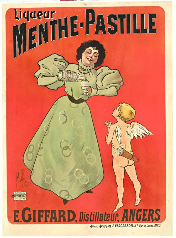 Original Misti Liqueur Menthe Pastille poster from 1905 featuring art nouveau design with woman in green dress and cherub angel figure, red background, stone lithograph