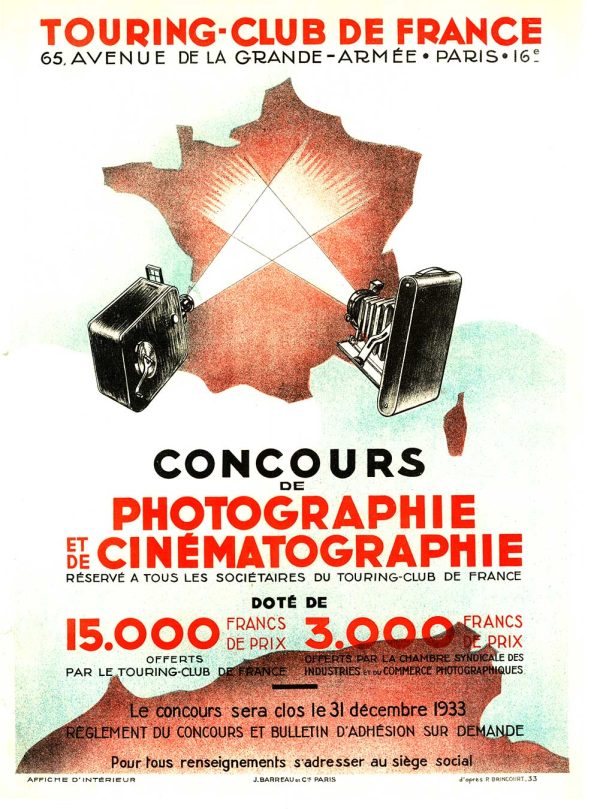 "Authentic vintage 1933 French Art Deco original poster for Touring Club de France photography and cinematography competition, featuring two cameras projecting light beams across a stylized red and white map of France with bold Art Deco typography"