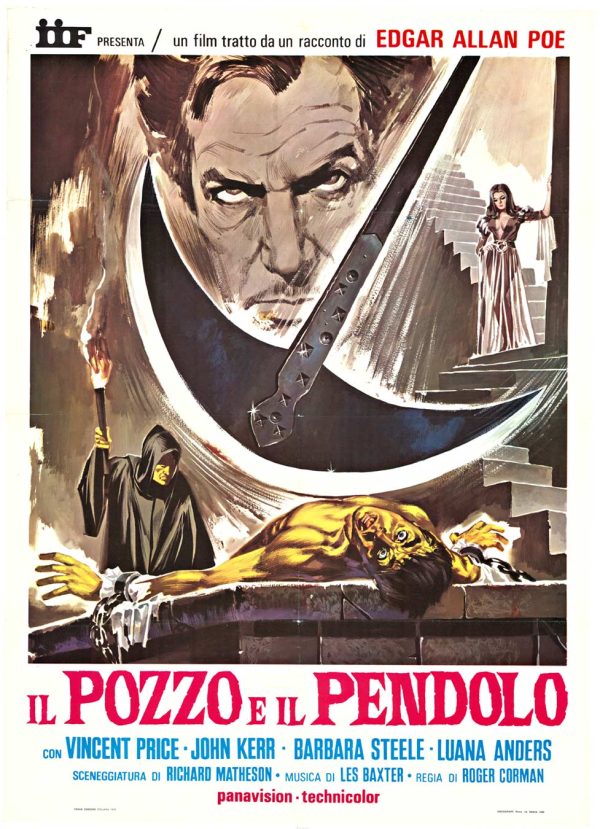 Original Italian vintage movie poster for The Pit and the Pendulum (“Il Pozzo e Il Pendolo”) (1975), featuring a dramatic Gothic scene with a hooded figure and a large circular pendulum/metal mechanism motif above, with bold Italian title text at the bottom; described as linen backed in very good condition and ready to frame, size 39” x 54.75”.