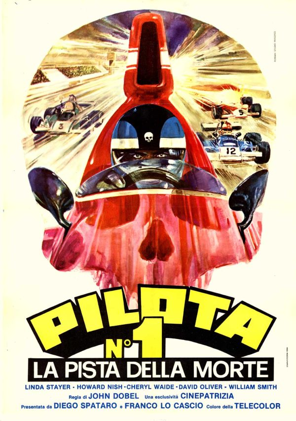 Authentic Pilota N1 La Pista Morte 1978 Italian poster racing skull art original linen-backed 2-fogli Very Fine