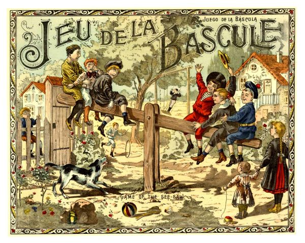 Orignal Jeu de la Bascule full chromo lithgraph 1900 linen backed game of the see-saw vintage poster
