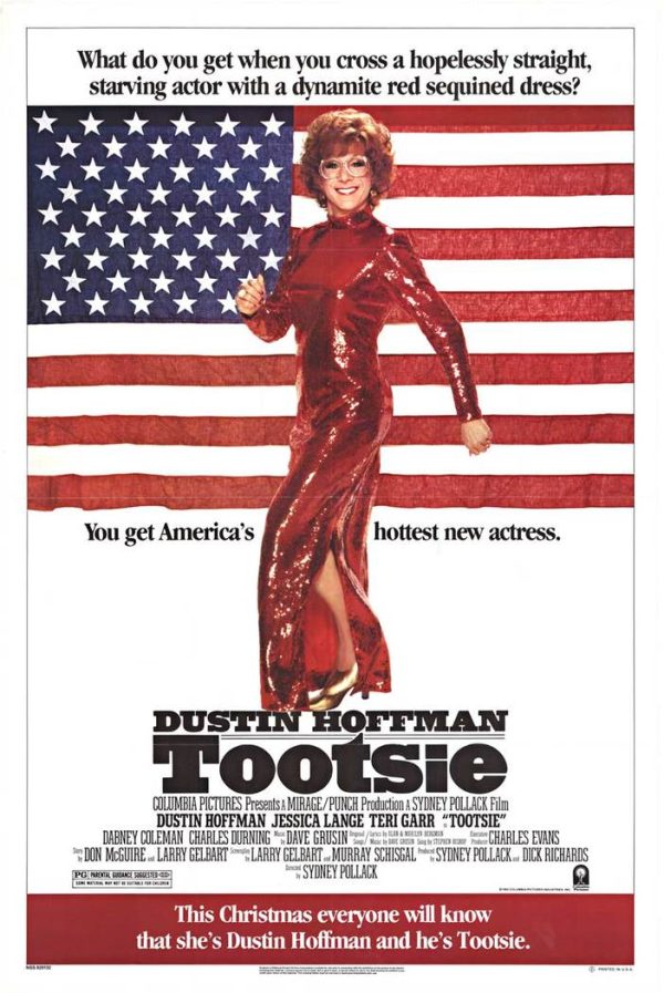 Original vintage U.S. one-sheet movie poster for “Tootsie,” starring Dustin Hoffman, with a woman in a red outfit holding a hat in front of an American flag background; includes “You get America’s hottest new actress” and film credits at the bottom.