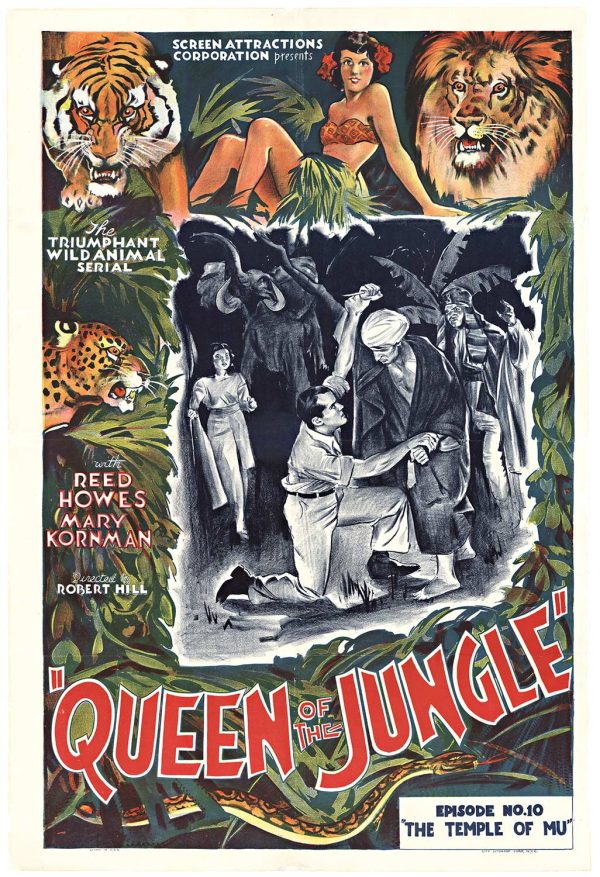 Original vintage Queen of the Jungle poster titled “The Temple of Mu” (Serial Episode No 10), stone lithograph US 1-sheet, archived and linen backed with vibrant colors and a jungle action scene around a golden idol legend.