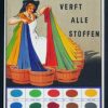 Vibrant textile advertisement featuring a woman in traditional Alsatian dress (black vest, white apron) holding cascading ribbons of dyed fabric in blue, red, orange, yellow, green, and brown; color reference swatches displayed at bottom in muted palette; warm cream background.