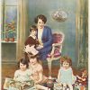 Toy Department vintage poster, c. 1920s chromo-lithograph featuring mother and children with toys, dolls, and Shirley Temple doll, original antique paper stock poster