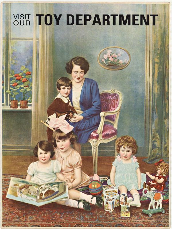 Toy Department vintage poster, c. 1920s chromo-lithograph featuring mother and children with toys, dolls, and Shirley Temple doll, original antique paper stock poster