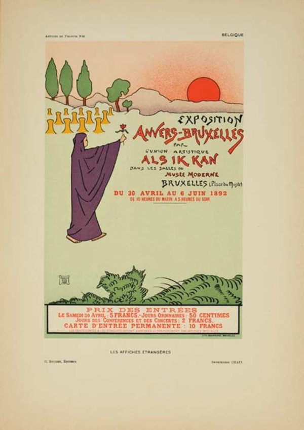 Francis Nys's "Exposition Anvers-Bruxelles" Art Nouveau lithograph poster from 1897, featuring bold geometric landscape with stylized trees, setting sun, and elegant Art Deco typography. Part of the Les Affiches Étrangères Illustrées collection, printed by Jules Chéret's Imprimerie Chaix on fine vellum paper.