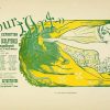 Art Nouveau lithograph poster by Henri Ottevaere for the Pour l'art exhibition, featuring an androgynous classical figure in flowing robes holding a staff, surrounded by a field of flowers, rendered in striking green and golden yellow tones with decorative text panel on the left. Original 1897 chromolithograph from Les Affiches Étrangères Illustrées collection.