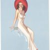 "Billy Devorss original 1940s fashion illustration lithograph; elegantly posed figure in flowing white gown and bold red hat against light blue background—American commercial art, sophisticated color palette, mid-century fashion advertising aesthetic"
