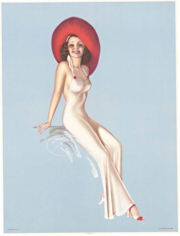 "Billy Devorss original 1940s fashion illustration lithograph; elegantly posed figure in flowing white gown and bold red hat against light blue background—American commercial art, sophisticated color palette, mid-century fashion advertising aesthetic"