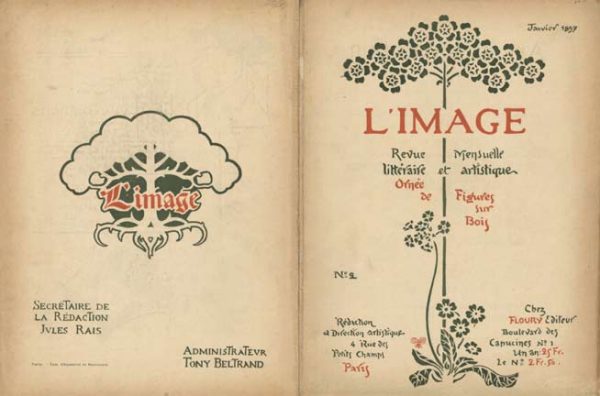 Original 1897 L'Image vellum lithograph double-page spread showing front and back covers, Art Nouveau botanical ornament with stylized trees and decorative typography, "L'IMAGE Revue Littéraire Ornée" title design, 12 x 18.50 inches, acid-free conservation mounted, linen-backed, rare vellum paper edition, complete periodical cover documentation