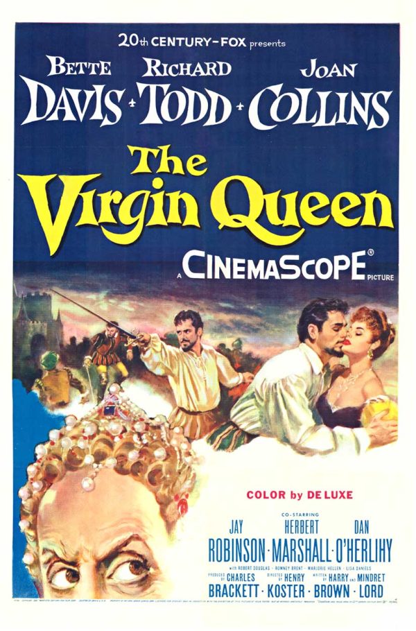 Original 1955 “The Virgin Queen” (Cinemascope) vintage movie poster, original lithograph. NSS: 55/302. Archival linen backing with restored original issued fold marks; excellent A condition, no paper loss or stans.