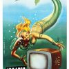 A golden-haired mermaid suspended in deep turquoise waters gazes downward at a vintage black and white television set, her scaled tail shimmering with mythological allure; original 1957 Irradio Italian offset lithograph poster in linen-backed mint condition.