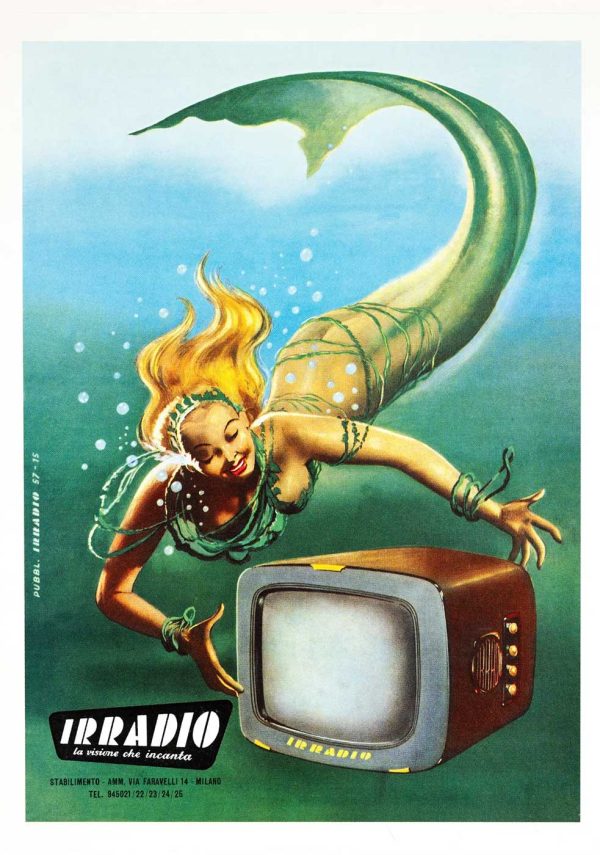 A golden-haired mermaid suspended in deep turquoise waters gazes downward at a vintage black and white television set, her scaled tail shimmering with mythological allure; original 1957 Irradio Italian offset lithograph poster in linen-backed mint condition.