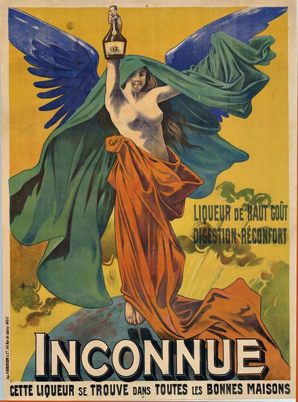 Original 1895 Art Nouveau stone lithograph poster by Marcellin Auzolle advertising Inconnue liqueur, featuring a winged nude figure in green drapery holding aloft a bottle against golden background, linen-backed and museum-framed