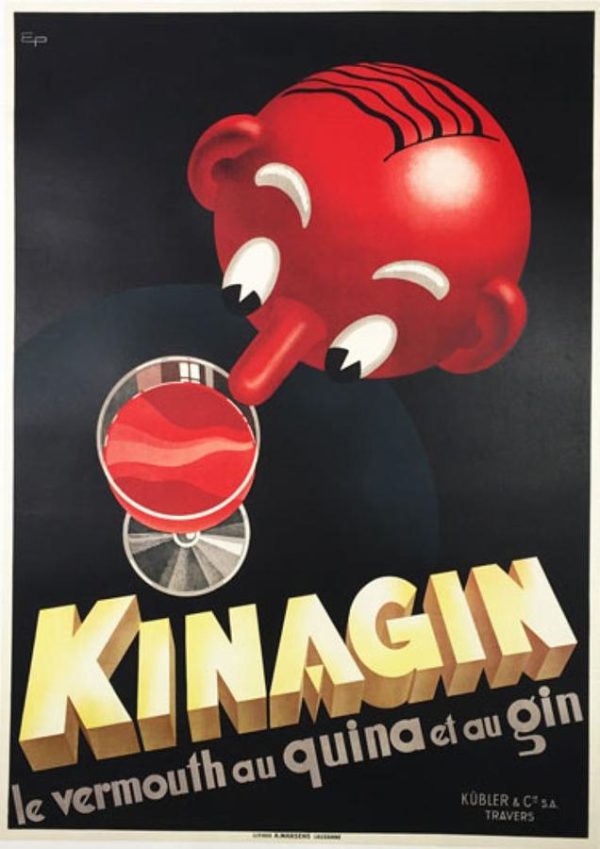 Original 1941 Kinagin vermouth gin Swiss lithograph poster by Eugene Patke featuring bold red bottle pouring into glass against black background, Art Deco spirits advertising, linen-backed, Grade A excellent condition