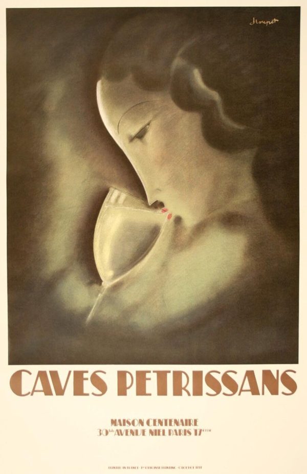 Charles Loupot Caves Petrissans vintage poster featuring portrait with soft features and contrasting background, 1920s design lithograph