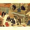 "Utagawa Yoshiiku original 1897 Japanese theatrical scene stone lithograph; multiple performers in elaborate traditional costumes, intricate red, blue, and gold clothing details, centered stage composition with architectural framing, sophisticated earth-tone and vermilion color palette, vellum paper stock, Grade A pristine condition—original Japonisme East-West artistic commission"