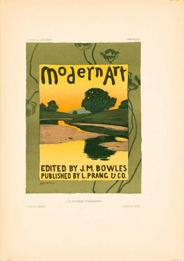 Original 1897 American stone-lithograph poster by Arthur W. Dow for "Modern Art"; dramatic landscape composition with luminous orange sunset and silhouetted trees; Les Affiches Étrangères Illustrées publication No. 448; Chaix printer; Art Nouveau design innovation; museum-quality vellum paper stock; rare institutional poster positioning American modernist aesthetics within international Belle Époque context.