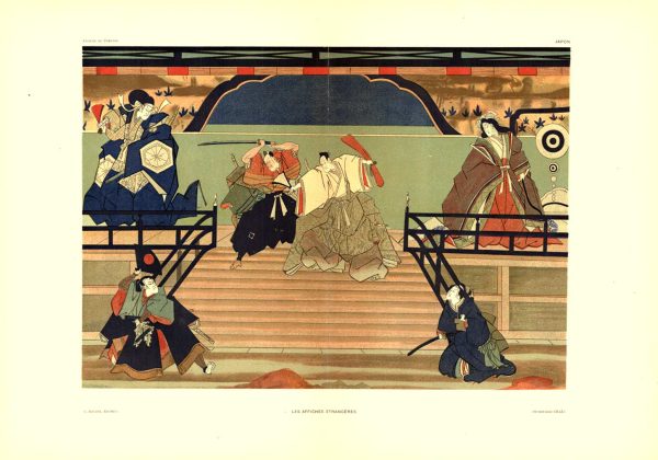Stone-lithograph theatrical poster, 1897: Utagawa Yoshiiku's Japanese theatrical scene featuring performers in traditional stage dress on an elevated platform, celebrating Japanese kabuki or theatrical performance aesthetics, published by G. Boudet Éditeur as part of Les Affiches Étrangères Illustrées collection on fine vellum paper; rare East-West artistic exchange document showcasing Japanese theatrical tradition interpreted for European audiences through Yoshiiku's ukiyo-e-influenced chromolithographic masterwork.