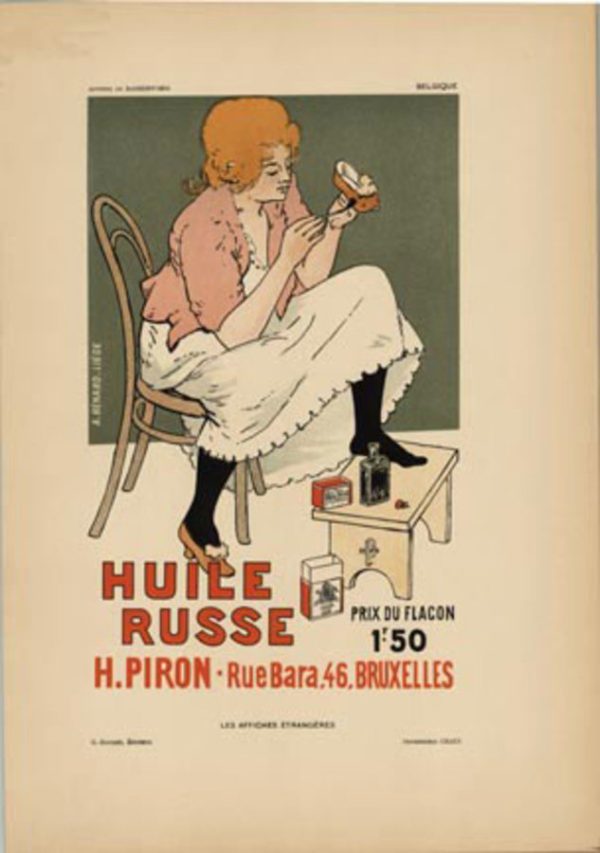 "Armand Rassenfosse 1897 Belgian Art Nouveau lithograph advertising Huile Russe Russian oil leather protectant, woman in pale colors applying product to shoes, published in Les Affiches Étrangères by G. Boudet, printed by Imprimerie Chaix"