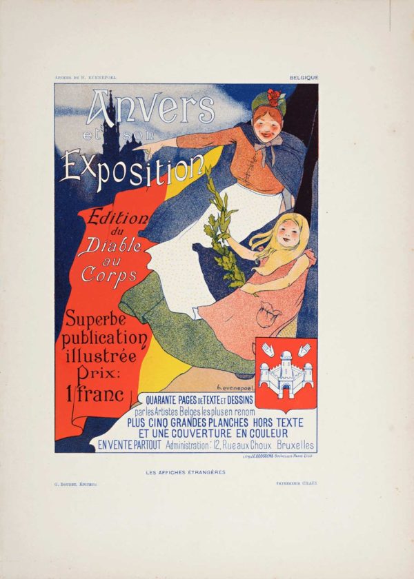 Stone-lithograph exhibition poster, 1897: Henri Evenpoel's "Anvers et son Exposition" featuring a dynamic figure composition with bold color blocking in greens and golds, advertising the Antwerp exhibition with typographic integration, published by G. Boudet Éditeur on fine vellum paper stock; rare Belgian Art Nouveau masterwork showcasing Evenpoel's innovative figural abstraction and color theory innovation.