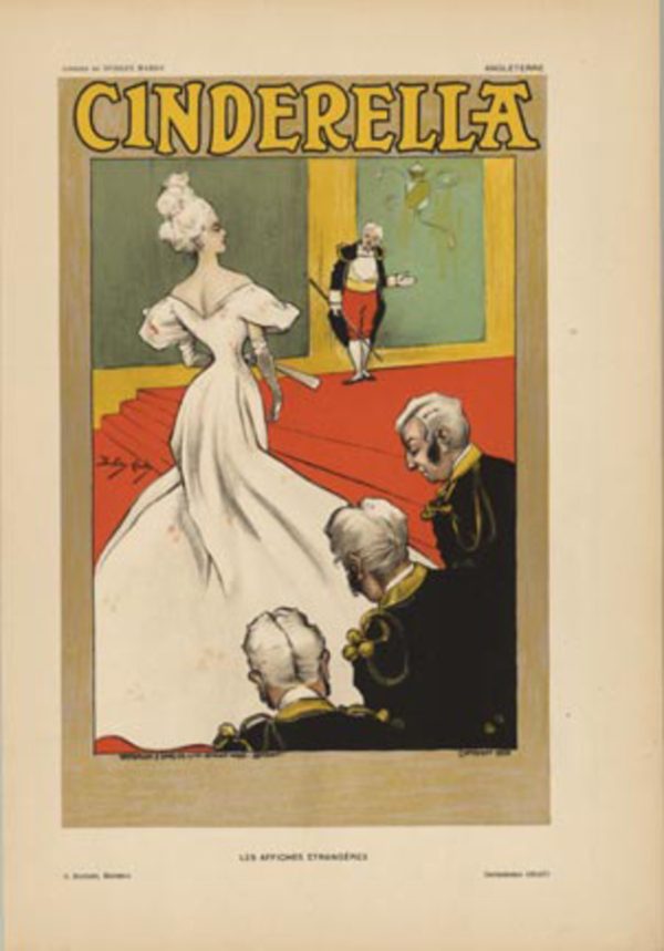 Dudley Hardy "Cinderella" chromolithograph poster, 1897, Art Nouveau design featuring elegant woman in white gown attended by cherubs against vibrant red and green background; original Les Affiches Étrangères Illustrées collection