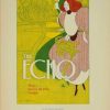 Original 1897 American stone-lithograph poster by Will H. Bradley for The Echo publication; Art Nouveau design featuring elegantly stylized woman with flowing reddish-brown hair in dynamic pose against harmonious yellow and pink composition with green background; bold graphic design vocabulary; Les Affiches Étrangères Illustrées publication; Chaix printer; museum-quality vellum paper preservation; rare institutional design publication poster positioning American design publishing authority within Belle Époque European collection context.