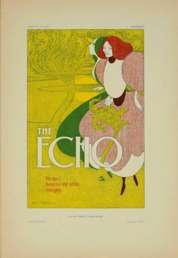 Original 1897 American stone-lithograph poster by Will H. Bradley for The Echo publication; Art Nouveau design featuring elegantly stylized woman with flowing reddish-brown hair in dynamic pose against harmonious yellow and pink composition with green background; bold graphic design vocabulary; Les Affiches Étrangères Illustrées publication; Chaix printer; museum-quality vellum paper preservation; rare institutional design publication poster positioning American design publishing authority within Belle Époque European collection context.