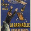 Original 1908 stone lithograph of a biplane flying overhead stealing a bottle of Bonal liquor from a waiter who is standing on the ground, linen backed.