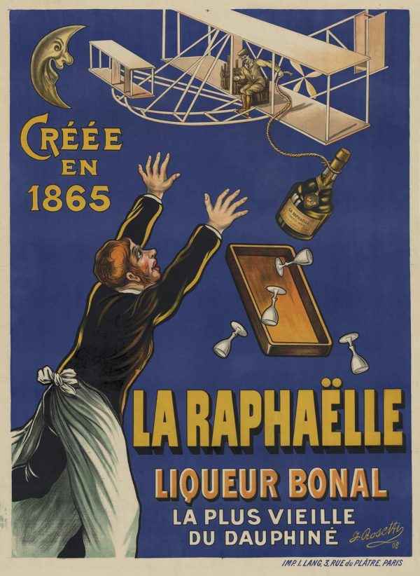Original 1908 stone lithograph of a biplane flying overhead stealing a bottle of Bonal liquor from a waiter who is standing on the ground, linen backed.