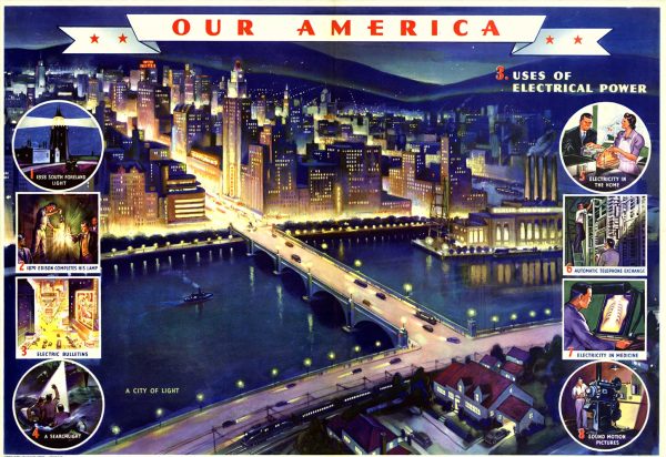 Horizontal, 1943, Our American poster with night time view of a city with new electricity