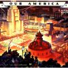 Our America Electricity #4 vintage Coca-Cola offset-lithograph poster dated 1943 showing settlers with lanterns amazed at a glowing electrified city.