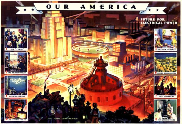 Our America Electricity #4 vintage Coca-Cola offset-lithograph poster dated 1943 showing settlers with lanterns amazed at a glowing electrified city.