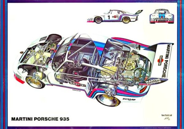Original Martini Porsche 935 horizontal cutaway poster in color (1976) offset-lithograph,