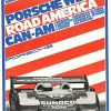 Original Porsche factory issue poster titled “Porsche Wins Road America Can-Am” (1973) by Atelier Strenger–Reichert featuring Mark Donohue and the Porsche 917 Turbo with a dark-to-royal blue border in an archival linen-backed presentation.