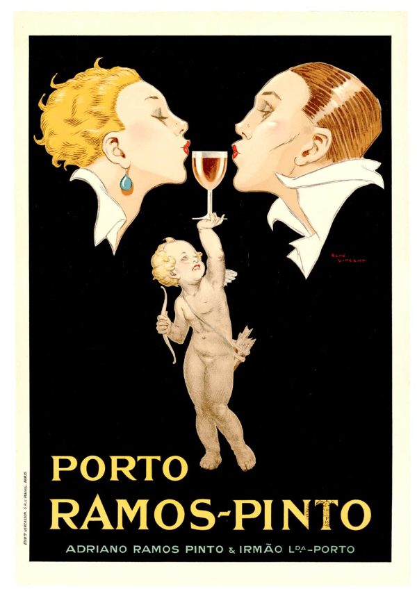 Art deco man and woman kissing a glass or port held high by a cherub. Linen backed, with tax stamp on the bottom, fine condition authentic original vintage poster