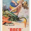 Vintage 1950s Italian advertising poster featuring a luminous mermaid with blonde curled hair cradling an oversized red and blue Prep medicated crème container against a shimmering aqua seascape with coral and green sea life details; soft peachy, golden, and turquoise color palette throughout