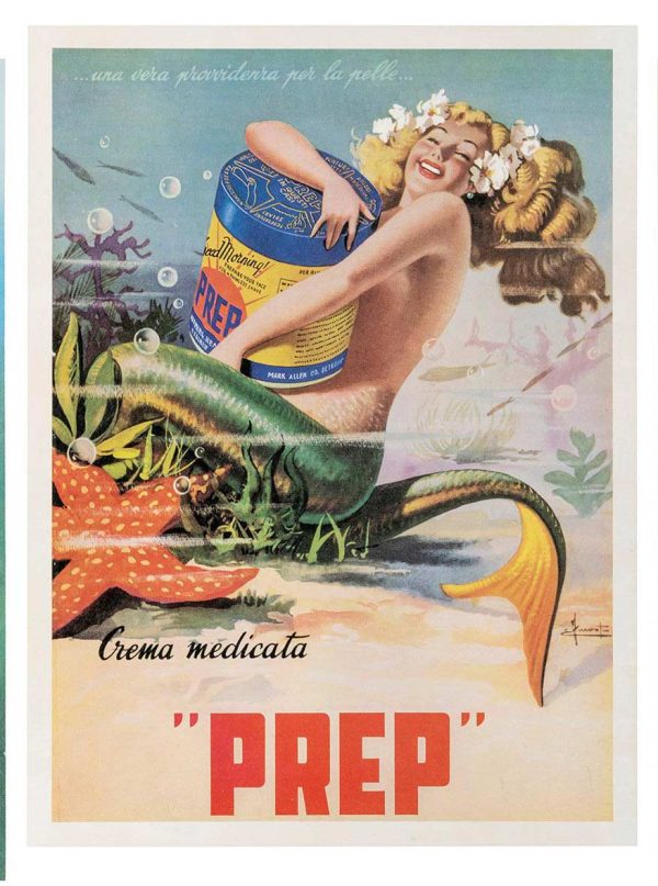 Vintage 1950s Italian advertising poster featuring a luminous mermaid with blonde curled hair cradling an oversized red and blue Prep medicated crème container against a shimmering aqua seascape with coral and green sea life details; soft peachy, golden, and turquoise color palette throughout