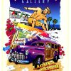 The Vintage Poster Gallery, Laguna Beach, 2002 travel poster featuring a surfer, woody, palm trees, and Pacific Coast Ocean behind.