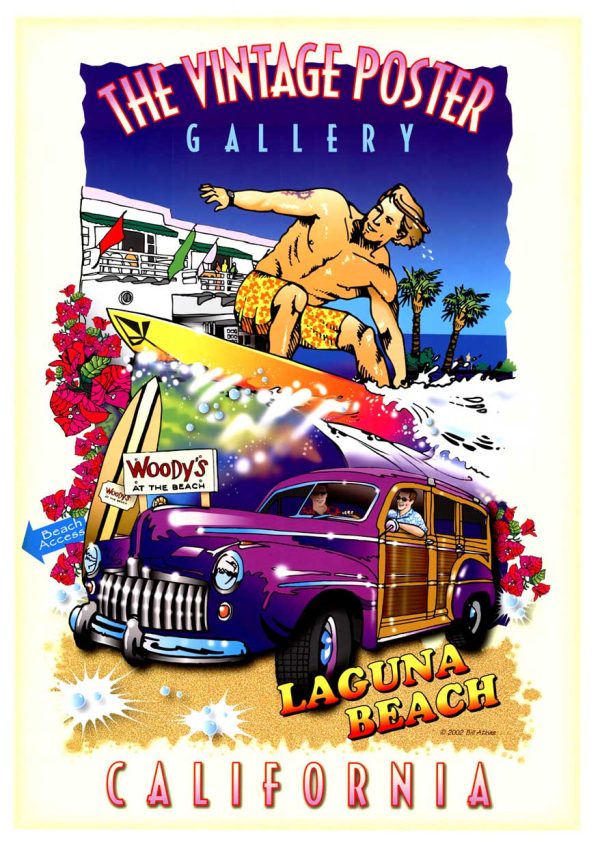 The Vintage Poster Gallery, Laguna Beach, 2002 travel poster featuring a surfer, woody, palm trees, and Pacific Coast Ocean behind.