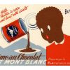 Art Deco silhouetted profile of a head in deep chocolate brown, turned left, with bold red lips and a milky blue-gray milk can pouring creamy chocolate into the figure's silhouette. Cream background with red and blue geometric accents. French text reads "Creme au Chocolat" and "Lait Mont Blanc" with tagline describing the product's readiness and success. Horizontal format, bold graphic advertising lithograph from 1930s French Alps.