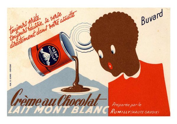 Art Deco silhouetted profile of a head in deep chocolate brown, turned left, with bold red lips and a milky blue-gray milk can pouring creamy chocolate into the figure's silhouette. Cream background with red and blue geometric accents. French text reads "Creme au Chocolat" and "Lait Mont Blanc" with tagline describing the product's readiness and success. Horizontal format, bold graphic advertising lithograph from 1930s French Alps.