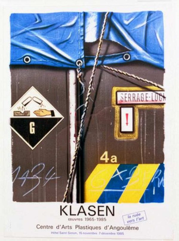 Bold geometric composition with diagonal yellow and black striping, mechanical industrial forms, and blue architectural elements. Lithograph exhibition poster by Peter Klasen for Galerie Adrien Maeght.