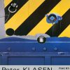 Bold geometric composition with diagonal yellow and black striping, mechanical industrial forms, and blue architectural elements. Lithograph exhibition poster by Peter Klasen for Galerie Adrien Maeght.