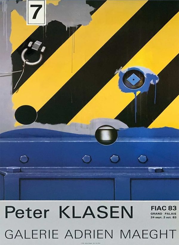 Bold geometric composition with diagonal yellow and black striping, mechanical industrial forms, and blue architectural elements. Lithograph exhibition poster by Peter Klasen for Galerie Adrien Maeght.