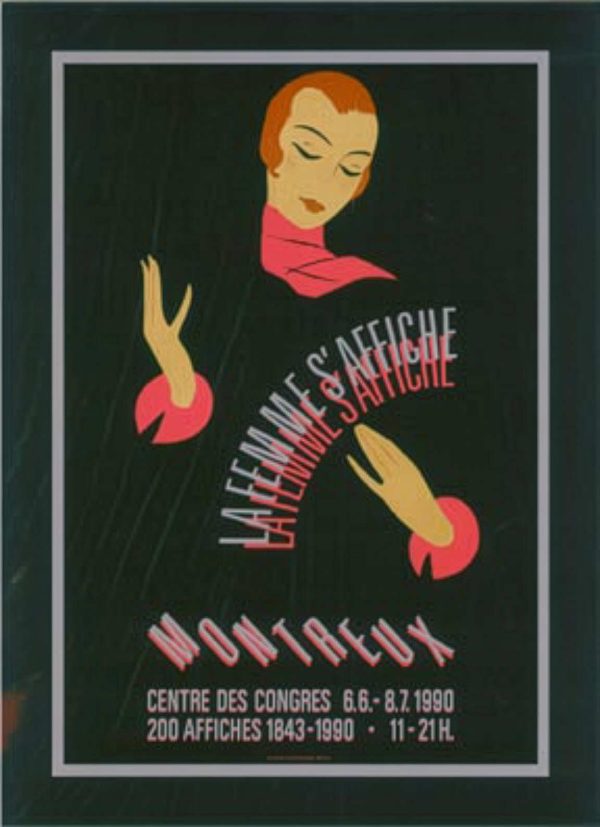 Original 1990 exhibition poster for "Women in Posters" by Eric Kellenberger, linen-backed lithograph, 11.75" x 16", featuring stylized female figure with red accents